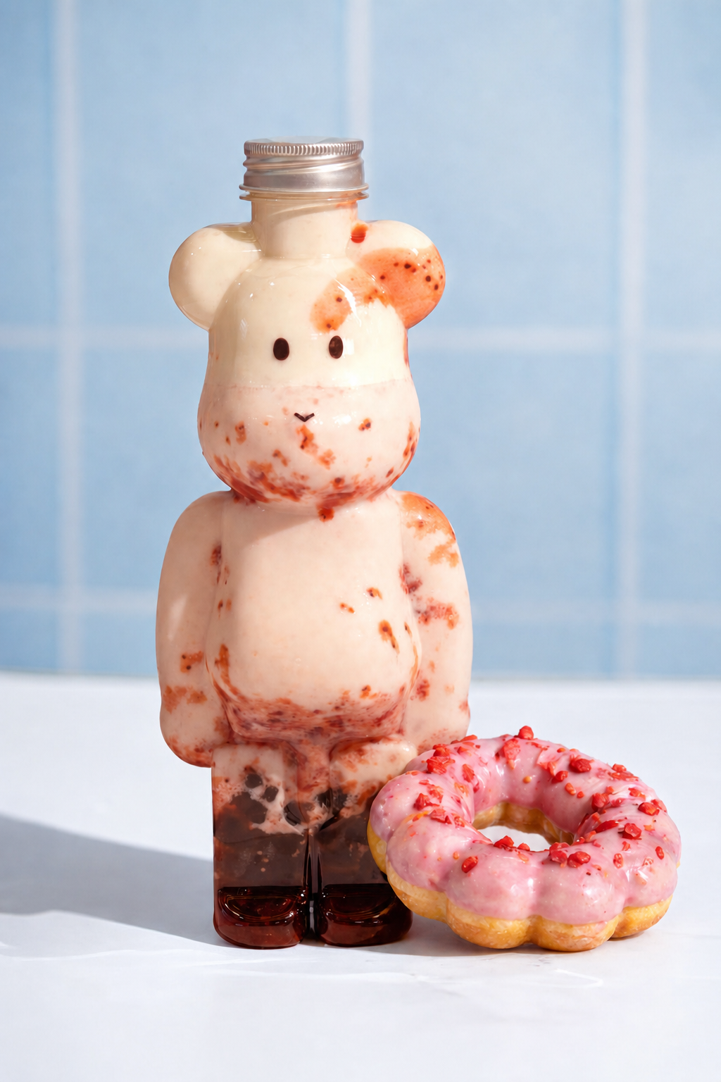 Bear-shaped Bober drink bottle beside a strawberry mochi donut